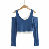 New Fashion Open Shoulder Elastic Slimming Short-Sleeved T-Shirt Two Stacks Of Bumpy Bottom Shirt