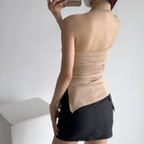 A Word-Collar Pure Desire To Slimen Shoulder Tective Blouse Folded Open Fork Solid Sexy Bottom Vest