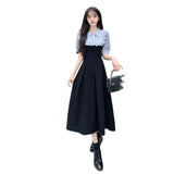Large-Size College Wind And Fake Two Pieces Of Splicing Dress Women's Summer Fat Mm New Waist Display Thin Word Long Skirt