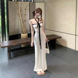 French White Hanging Neck Sling Dress Women Summer Pure Desire To Put On The Waist Of The Beautiful Chest Bag Long Skirt
