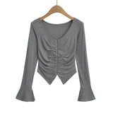 V-Necked Women's Niche Hottie Double Zipper Wrinkle Folded T-Shirt Pure Desire To Hit The Bottom Of The Top Horn Sleeve