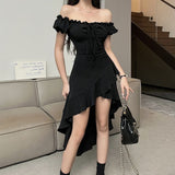 Black Lotus Side Irregular Dress Women's Summer New Word Shoulder-To-Shoulder Sexy Long Skirt