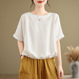 2026 Summer New Cotton Literature Retro Loose Round-Neck Chinese Style Tea Shirt Blouse
