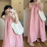 Solid Color Exposed Shoulder Hanging Neck Folded Sling Dress Women's Summer Loose Waist Thin Seaside Holiday Dress