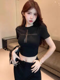 Black Hollow Perspective Cross Design Sense Short-Sleeved T-Shirt Girl Small Waist Repair Slim Thin Top Woman T