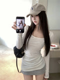Pure-Want-Style Slim-Tuning U-Necked Long-Sleeved Girl Spring And Autumn Hot Girls Thin Waist-Bottomed Shirt With Solid Color Tops