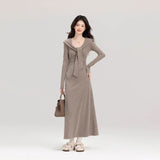 2025 New Solid Color Ouyang Early Autumn Lazy Long Dress Commuting Waist Design Slim Dress