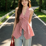 Summer Dopamine Yellow Lattice Hanging Neck Bare Shoulder Clothes Irregular High-End Feeling Waistless Sleeve Sleeve Sling Shirt