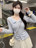 Korean Sweet Blue Lace With Long-Sleeved T-Shirts In Autumn Fake Two Chic Beautiful Thin Tops