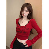 Vintage Sweet Babes Sexy Long-Sleeved T-Shirt Girl Early Autumn New Letter-Print Slim Slim Blouse