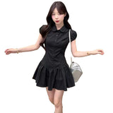 Summer Black Striped Button POLO Collar Bubble Sleeve Dress Female Sweet Spicy Temperament Waist A Skirt Skirt