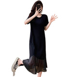 Irregular Bumpy Patchwork Short-Sleeved Dress Women's Design Sense Loose Thin Round Collar T-Shirt Dress New