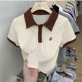 Pure Style Sexy Collar Short-Sleeved T-Shirt Women's Summer Design Splicing Repair Body Slim Short Top Tide