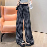 Summer Leisure Style Thin Lattice Pocket Loose Broad Leg Pants Fashion Women's Hanging Trousers Korean Version Of Drawstring Drag Trousers