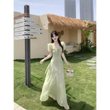 French Gentle Lotus Side V-Neck Bubble Sleeve Dress Summer Holiday Purple Lace Lumbar Texture Dress