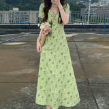 Large-Size Fat Mm Temperament V-Neck Collared Hua Bubble Bubble Sleeve Dress Women's New Summer Collection Waist Thin A Word Long Dress