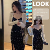 Set Women 2025 Summer New French Temperament Cardigan + Waist Broken Flowers V Neck Wave Point Sling Skirt Two Sets Of Women