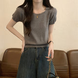 Korean Version Of The Pure Color Simple Square Collar Short-Sleeved Knitting Shirt Casual Age Reduction Slim Slim Short-Term Blouse