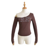 Spice Girls Personality Autumn New Letter Personality Slant Shoulder T-Shirt Collar Short Fashion Long Sleeve Bottom