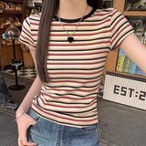 Vintage Ramming Striped Design Sense Fashion In Short-Sleeved T-Shirt Girl Summer Slimming Bottom Top Girl T-Shirt Tide