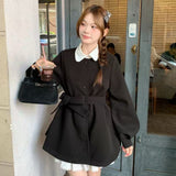 Autumn And Winter New Korean Version Of Temperament Warm Tied With Lantern Sleeve Coat Simple Commuter Coat Coat Coat