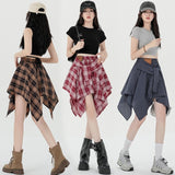 Real Shooting Irregular Strapped Plaid Shirt Half-Dress College High Waist Thin Anti-Skinny Babes A Short Skirt