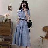 New French High-End Blue Striped Shirt Dress Female Summer Polo Dress