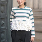 Multiplication Spring 2026 New Striped Long-Sleeved Splicing Heavyweight Women's Long-Sleeved Shirt Reduction Women's Top