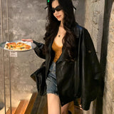 Black Retro Locomotive Collar Pu Leather Coat Female Cool Wind 2025 Spring And Autumn New Leather Jacket Locomotive Top