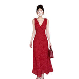 Seaside Holiday Temperament Red V-Necked Flower Sleeveless Dress Women's Summer 2025 New High-End Long Dress