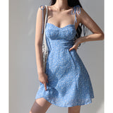 French Retro Girl Blue With Broken Flower Sling Dress Woman's Waist Thin A Word Holiday Dress