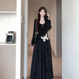 2025 Autumn Dress New Long-Sleeved Irregular Butterfly Small Black Dress Early Autumn Wearing Elastic Waist Dress