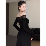 Spice Girls Sexy Mesh Splicing A Word Shoulder Long-Sleeved T-Shirt Girl Spring New Slimming Inside A Niche Top