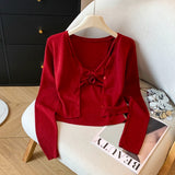 Spring And Autumn 2026 New Korean Version Of The 13-Line Repair Two Sets Of Flowers Knitted Slings Plus Simple Knitted Open Shirt