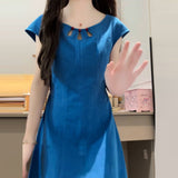 French Retro Blue Hollow Sleeveless Dress Simple Generous High-End Feel Waist-High Temperament Dress Summer New