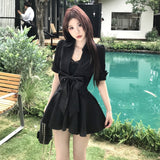 Black Waist Lace Splicing Polo Collar Dress Women Summer Pure Lust Bubble Bubble Sleeve A Short Skirt