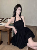 New Pure Desire Black Hanging Neck Sling Dress Small Man Waist Temperament Sexy A-Shaped Dress Summer Girl Black Dress