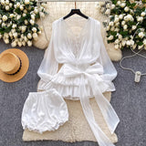 Fairy Atmosphere With A Sense Of Niche Bow Tie With Waist Lace Spliced Long-Sleeved Lotus Leaf-Side Mesh Dress Shorts