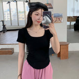 2026 Summer New Pure Windy U Collar Hottie Top Slimming Irregular Short-Sleeved T-Shirt Girl Ins