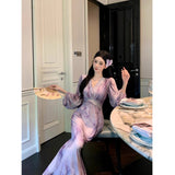 Purple Dress Spring And Autumn New French Temperament Unique Seaside Holiday Gentle Wind Showing Thin Long Sleeve Skirt Women's Clothing