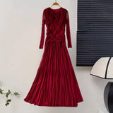 Design Pressure Folded Waist Thin Temperament Light Style Women's Spring New French Dress Long Folded Dress