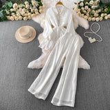 Gentle-Wind Pink Lace Spliced Lap-Over Shirt Long-Lens Waist Coat Two Sets Of High-Rise Thin Leg Pants