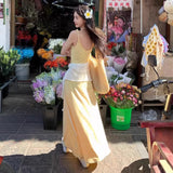 Yellow Broken Flower Hanging Dresses Women's Summer Sleeveless Vestal Dress French Sweet Wind Roller-Sleeve-Length Dress A-Character Skirt