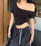 Ins Pure Hot Girl Shoulder Collar Temperament Body Short Sleeve T-Shirt Female Tightness Bottom Hottie Top Female Tide
