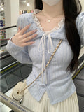 Korean Sweet Blue Lace With Long-Sleeved T-Shirts In Autumn Fake Two Chic Beautiful Thin Tops