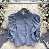 Korean Version Of The Design Sense Niche Bubble Sleeve Short Sleeve Shirt Women Loose Short Shirt Blouse Tide