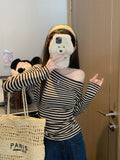 Autumn Pure Lust Sexy Slanted Side-Striped Shoulder Word-Collared Long-Sleeved T-Shirt Girl Slimmed Hottie Top