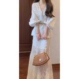 2025 Autumn Retro New Chinese Style Giant V-Neck Lantern Sleeve Top & Net Yarn Fishtail Skirt Suit