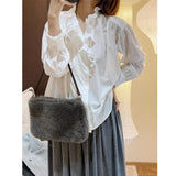 Wooden Ear Splicing Solid Color Loose Shirt Women 2025 Autumn Dress New French Collar White Shirt Top