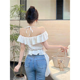 Summer Sexy Pure Wind Open Shoulder Hanging Neck Sling Vest Woman Design Lotus Leaf Side Tight Thin Cloth